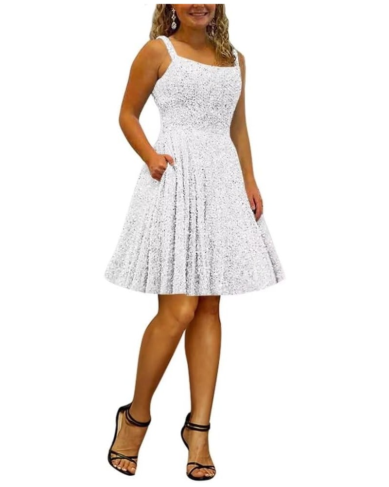 Sparkly Sequin Short Prom Dresses with Pockets Spaghetti Straps Plus Size Homecoming Dresses A Line Ball Gowns Pure White $28...