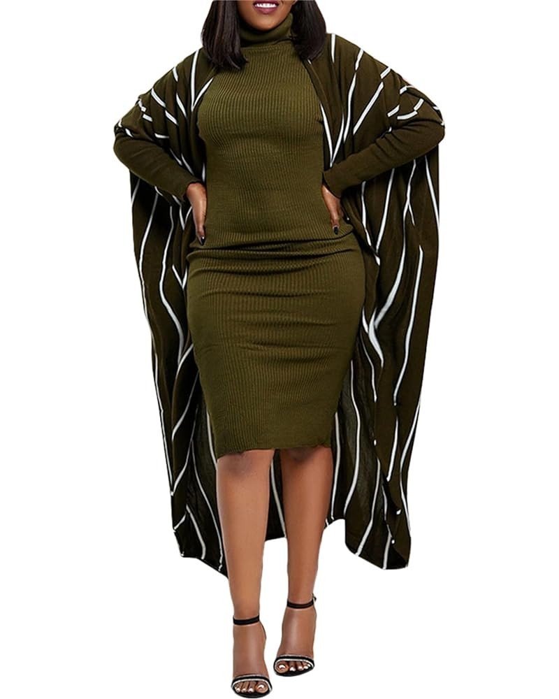 Women 2 Piece Set Ribbed Turtleneck Bodycon Midi Dress Long Sleeve Cardigan Casual Outfits Green $15.84 Suits