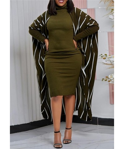 Women 2 Piece Set Ribbed Turtleneck Bodycon Midi Dress Long Sleeve Cardigan Casual Outfits Green $15.84 Suits