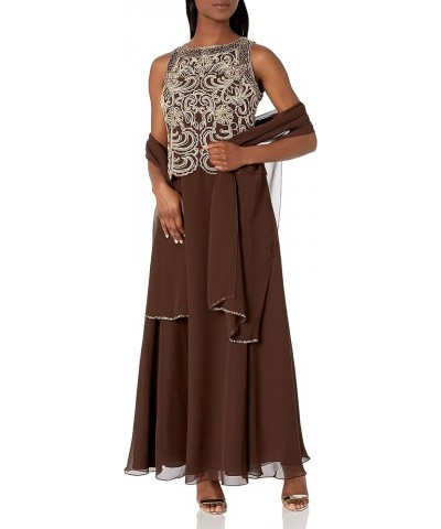 Women's Petite Sleeveless Scallop Long Beaded Dress W/Scarf Chocalate/Champ/Copper $49.05 Dresses