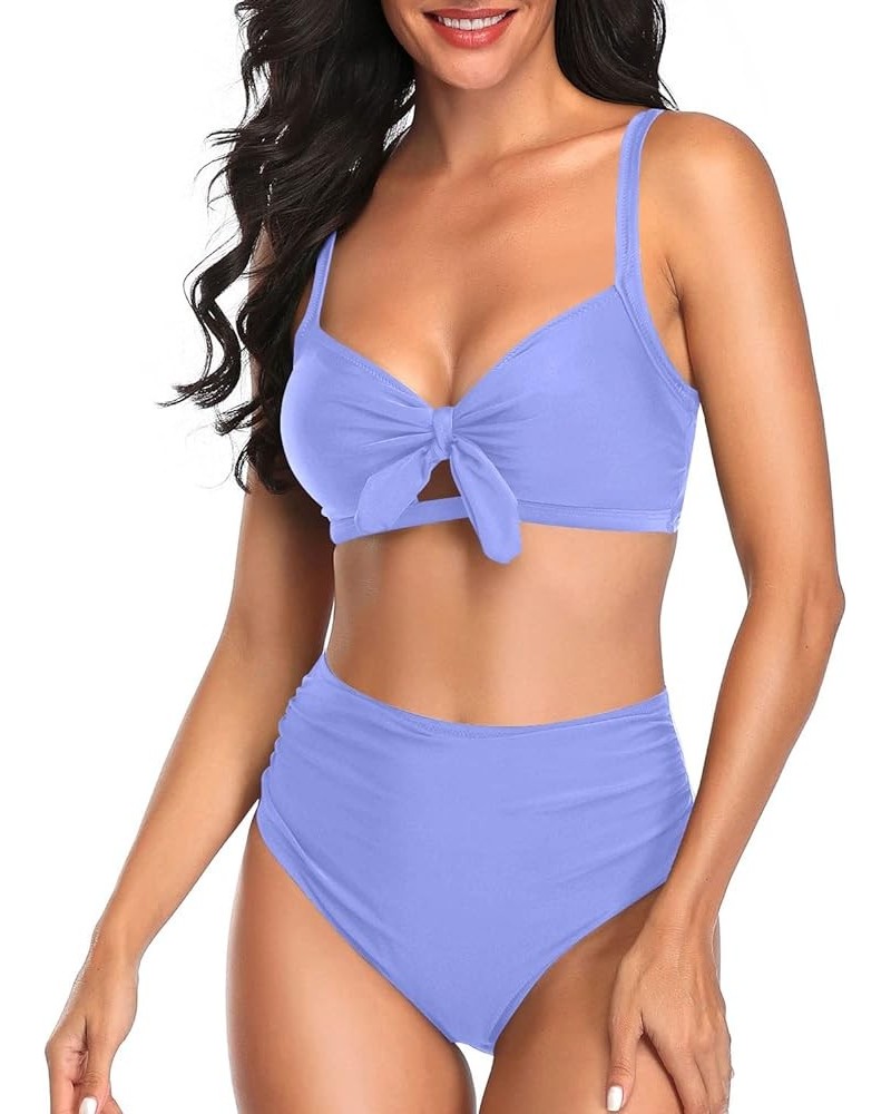 Women Two Piece Swimsuits High Waisted Bikini Set Tummy Control Full Coverage Ruched Tie Knot Bathing Suits Blue $17.59 Swims...