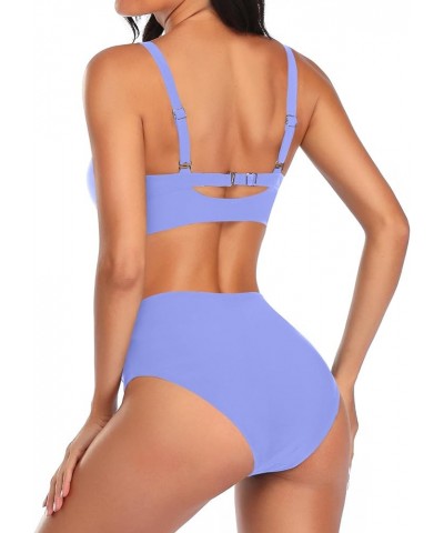 Women Two Piece Swimsuits High Waisted Bikini Set Tummy Control Full Coverage Ruched Tie Knot Bathing Suits Blue $17.59 Swims...