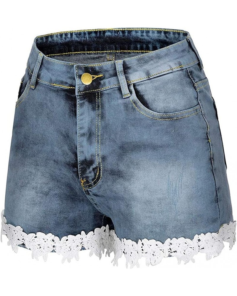 Denim Lace Hem Shorts for Women Plus Size Stretchy Short Jean Distressed Jean High Waist Shorts with Pockets Light Blue $8.66...