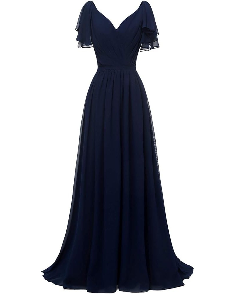 Ruffle Sleeves Bridesmaid Dresses V-Neck Chiffon Long Formal Wedding Evening Party Gowns for Women Navy $42.50 Dresses