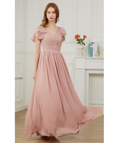 Ruffle Sleeves Bridesmaid Dresses V-Neck Chiffon Long Formal Wedding Evening Party Gowns for Women Navy $42.50 Dresses