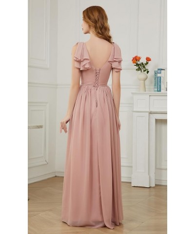 Ruffle Sleeves Bridesmaid Dresses V-Neck Chiffon Long Formal Wedding Evening Party Gowns for Women Navy $42.50 Dresses