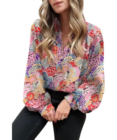 Women's Casual Boho Abstract Print V Neck Lantern Long Sleeve Tops Loose Blouses Shirts Pink 1010 $17.81 Blouses