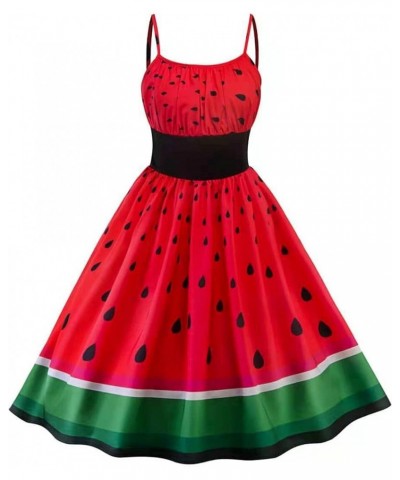 Women's Sleeveless Sling V-Neck Adjustable Vintage Umbrella Skirt Watermelon Print Christmas Theme Dress Red $16.42 Dresses