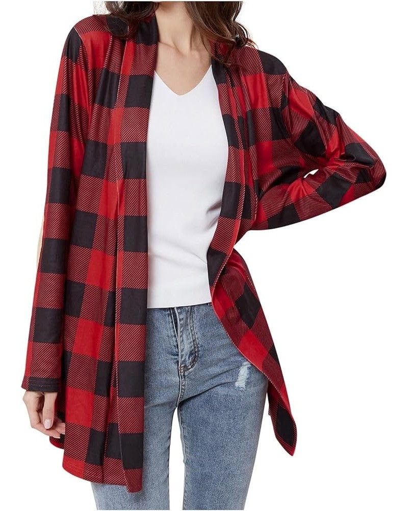 Women's Long Sleeve Open Front Cardigan Buffalo Plaid Knitted Tops Shirts Xa-red $9.85 Sweaters