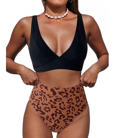 Women's Leopard Bikini Swimsuits V Neck High Waisted 2 Piece Bathing Suits Black Brown $14.24 Swimsuits