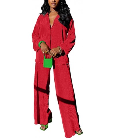 Casual 2 Piece Outfit for Women - Linen Long Sleeve Button Down Shirt + Flare Pleated Wide Leg Pants Sets Streetwear Red $24....