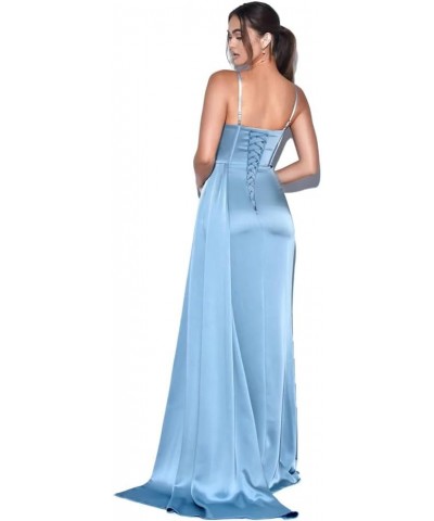 Spaghetti Straps Mermaid Prom Dresses for Women Long Ball Gown with Slit Sweep Train Pleated Satin Formal Party Dress Light B...