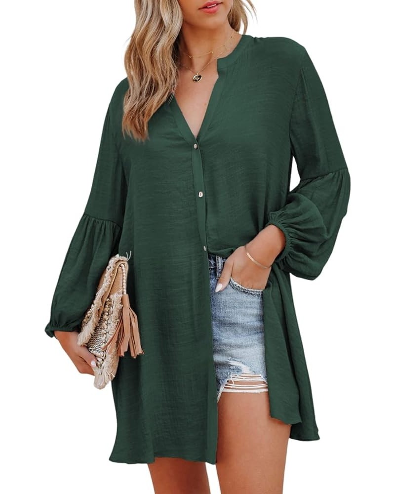 Womens Sexy V Neck Cover Up Long Sleeve Button Down Shirts Dresses X Blackish Green $20.39 Swimsuits