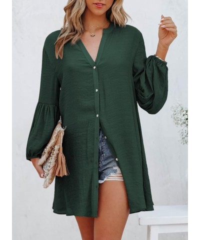 Womens Sexy V Neck Cover Up Long Sleeve Button Down Shirts Dresses X Blackish Green $20.39 Swimsuits