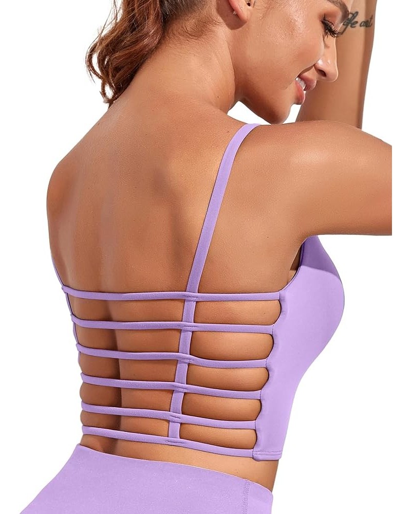 Longline Sports Bra for Women Sexy Open Back Workout Crop Tops Strappy Yoga Tank Top with Built in Bra Light Purple Sports Br...