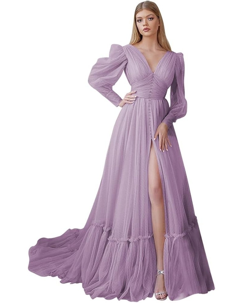 Puffy Sleeve Tulle Prom Dresses Long Ball Gown with Slit for Women 2024 V Neck Long Formal Evening Gowns Wisteria $50.04 Dresses