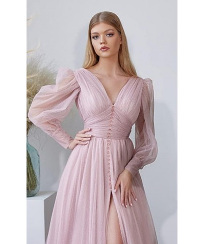 Puffy Sleeve Tulle Prom Dresses Long Ball Gown with Slit for Women 2024 V Neck Long Formal Evening Gowns Wisteria $50.04 Dresses