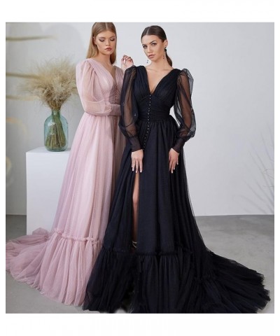 Puffy Sleeve Tulle Prom Dresses Long Ball Gown with Slit for Women 2024 V Neck Long Formal Evening Gowns Wisteria $50.04 Dresses