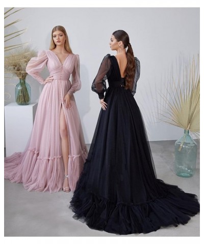 Puffy Sleeve Tulle Prom Dresses Long Ball Gown with Slit for Women 2024 V Neck Long Formal Evening Gowns Wisteria $50.04 Dresses