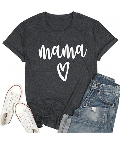 Mama T Shirt Womens Cute Mama Heart Graphic Shirts Mom Life T-Shirt Causal Short Sleeve Tee Tops Dark Grey $9.00 T-Shirts