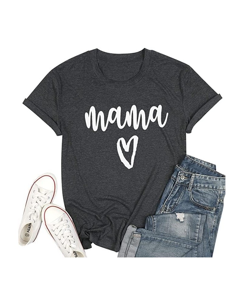 Mama T Shirt Womens Cute Mama Heart Graphic Shirts Mom Life T-Shirt Causal Short Sleeve Tee Tops Dark Grey $9.00 T-Shirts