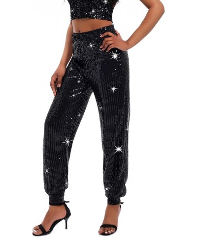 Womens Sequin Leggings Sparkle Glitter Bling Joggers Elastic High Waist Shiny Pants Black $24.74 Leggings