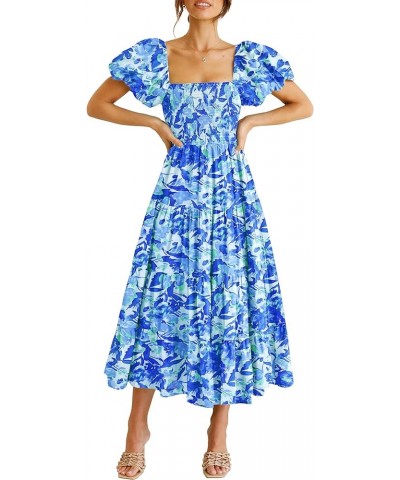 Women's Casual Summer Midi Dress Puffy Short Sleeve Square Neck Smocked Tiered Ruffle Dresses Floral Blue $13.94 Dresses