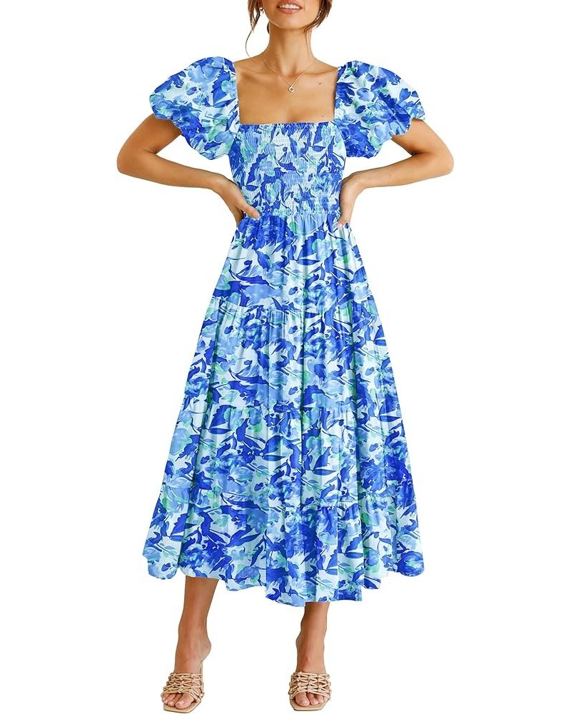 Women's Casual Summer Midi Dress Puffy Short Sleeve Square Neck Smocked Tiered Ruffle Dresses Floral Blue $13.94 Dresses