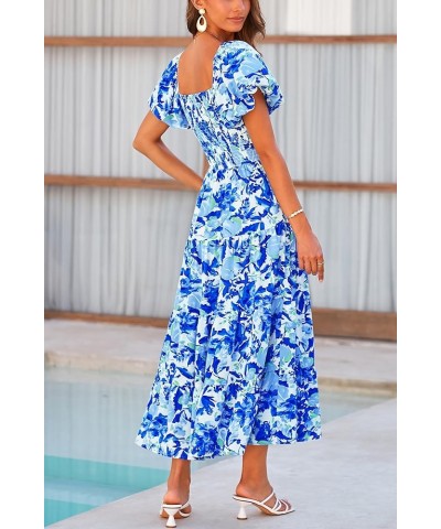 Women's Casual Summer Midi Dress Puffy Short Sleeve Square Neck Smocked Tiered Ruffle Dresses Floral Blue $13.94 Dresses