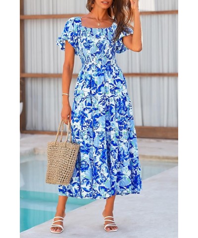 Women's Casual Summer Midi Dress Puffy Short Sleeve Square Neck Smocked Tiered Ruffle Dresses Floral Blue $13.94 Dresses