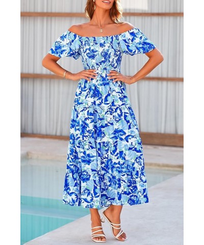 Women's Casual Summer Midi Dress Puffy Short Sleeve Square Neck Smocked Tiered Ruffle Dresses Floral Blue $13.94 Dresses