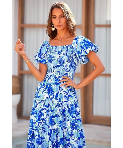 Women's Casual Summer Midi Dress Puffy Short Sleeve Square Neck Smocked Tiered Ruffle Dresses Floral Blue $13.94 Dresses