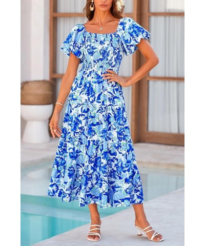 Women's Casual Summer Midi Dress Puffy Short Sleeve Square Neck Smocked Tiered Ruffle Dresses Floral Blue $13.94 Dresses