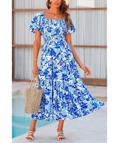 Women's Casual Summer Midi Dress Puffy Short Sleeve Square Neck Smocked Tiered Ruffle Dresses Floral Blue $13.94 Dresses