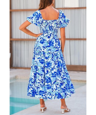 Women's Casual Summer Midi Dress Puffy Short Sleeve Square Neck Smocked Tiered Ruffle Dresses Floral Blue $13.94 Dresses