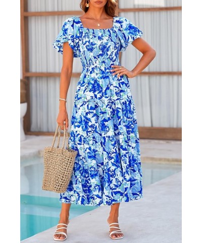 Women's Casual Summer Midi Dress Puffy Short Sleeve Square Neck Smocked Tiered Ruffle Dresses Floral Blue $13.94 Dresses