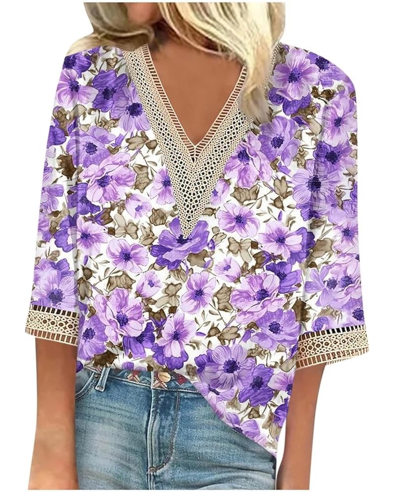 Womens Summer Tops 2023, 3/4 Sleeve Lace V Neck Shirts Printed Loose T-Shirts Trendy Elegant Casual Shirt 3-purple $4.06 Shirts