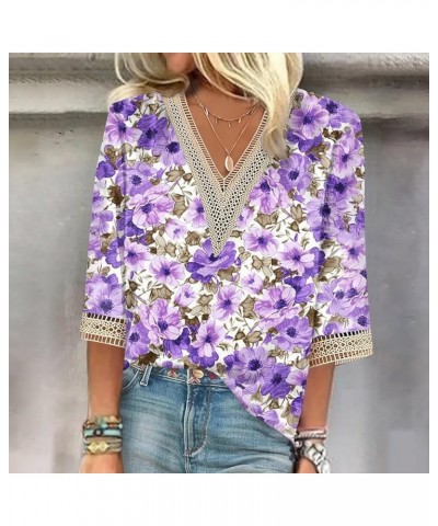 Womens Summer Tops 2023, 3/4 Sleeve Lace V Neck Shirts Printed Loose T-Shirts Trendy Elegant Casual Shirt 3-purple $4.06 Shirts