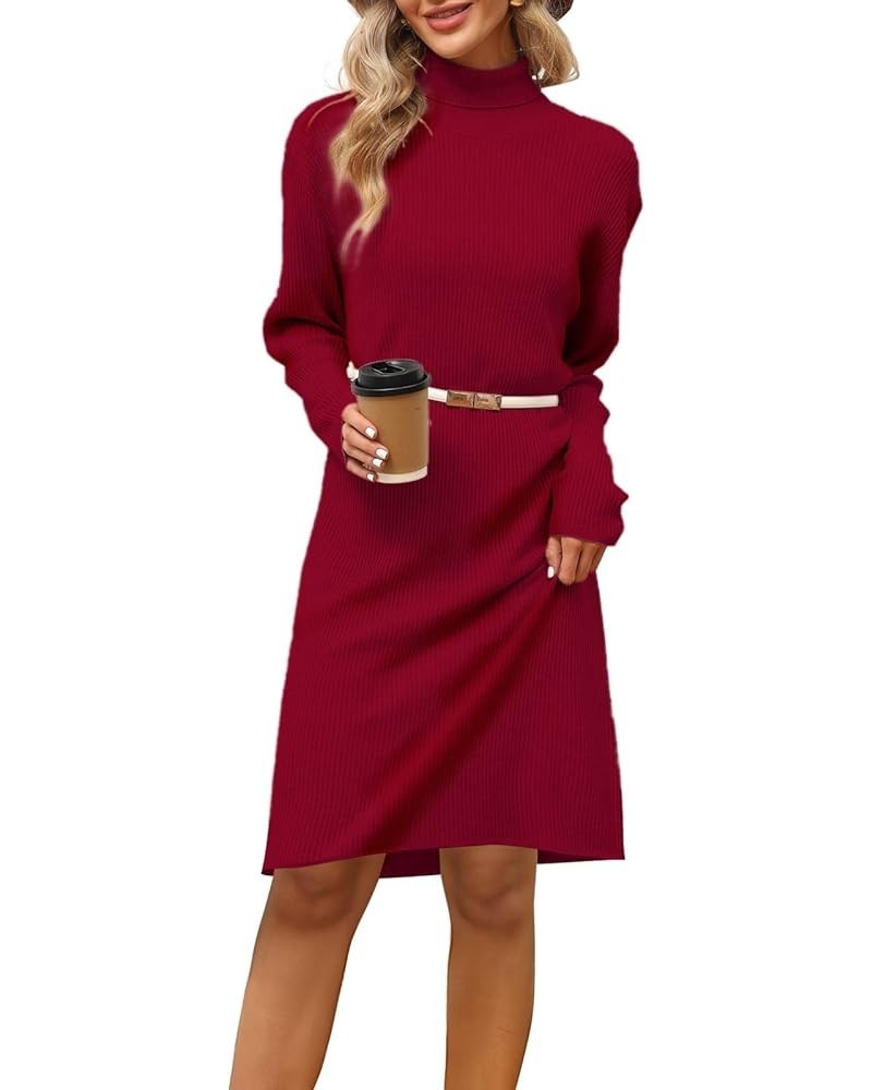 Womens Turtleneck Wool Sweater Dress Long Sleeve Ribbed Pullover Dresses Bodycon Winter Dress Burgundy $13.50 Sweaters