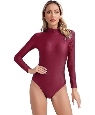 Womens Mock Neck Long Sleeve Bodysuit Zipper Back Stretchy Gymnastics Leotard for Acrobatics Burgundy $8.83 Activewear