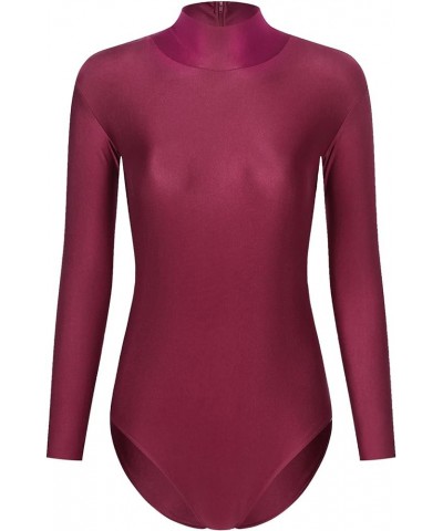 Womens Mock Neck Long Sleeve Bodysuit Zipper Back Stretchy Gymnastics Leotard for Acrobatics Burgundy $8.83 Activewear