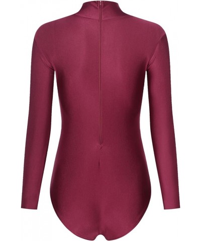 Womens Mock Neck Long Sleeve Bodysuit Zipper Back Stretchy Gymnastics Leotard for Acrobatics Burgundy $8.83 Activewear