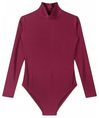 Womens Mock Neck Long Sleeve Bodysuit Zipper Back Stretchy Gymnastics Leotard for Acrobatics Burgundy $8.83 Activewear