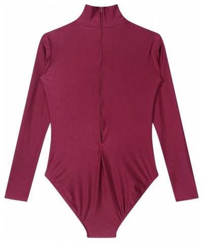 Womens Mock Neck Long Sleeve Bodysuit Zipper Back Stretchy Gymnastics Leotard for Acrobatics Burgundy $8.83 Activewear