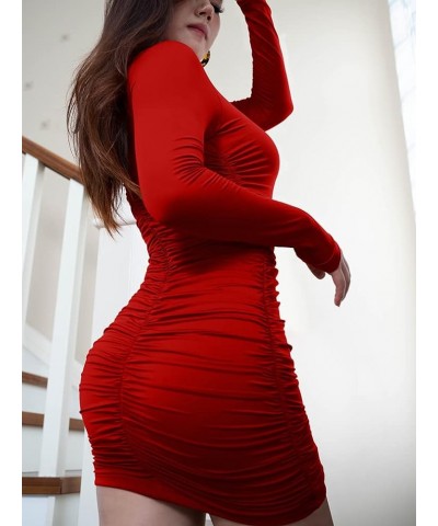 Women's Sexy Turtleneck Long Sleeve Ruched Bodycon Mini Club Dress Red $15.89 Dresses