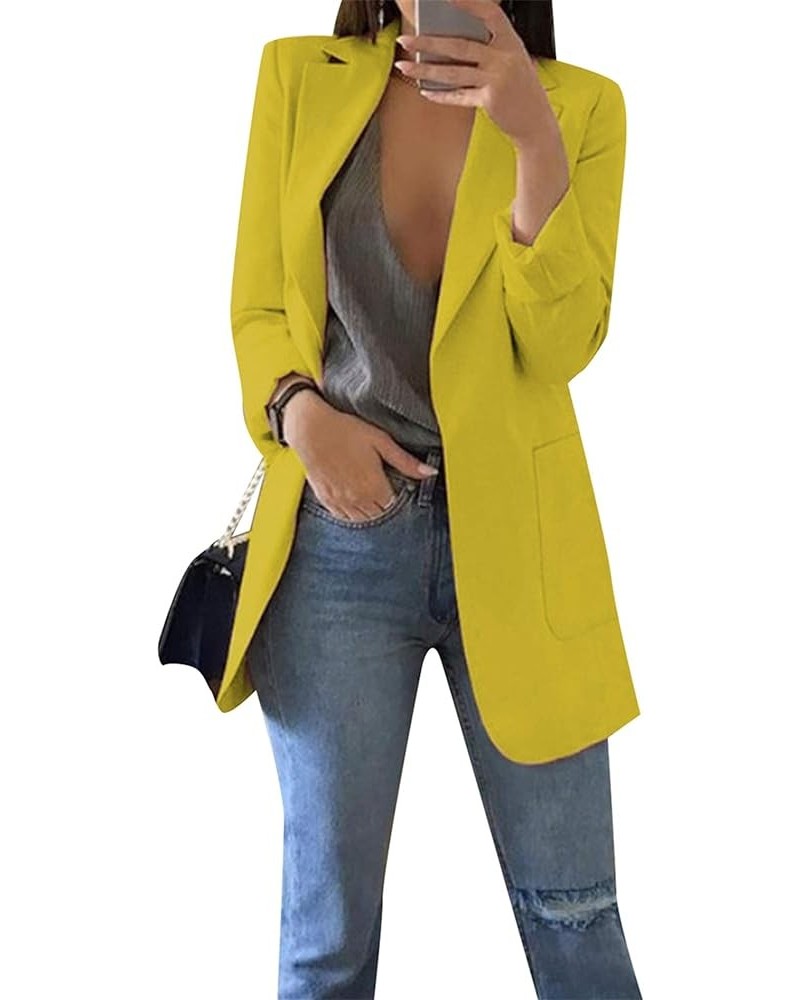 Womens Long Sleeve Solid Color Blazer Open Front Slim Fit Work Jackets Coat Yellow $22.13 Blazers