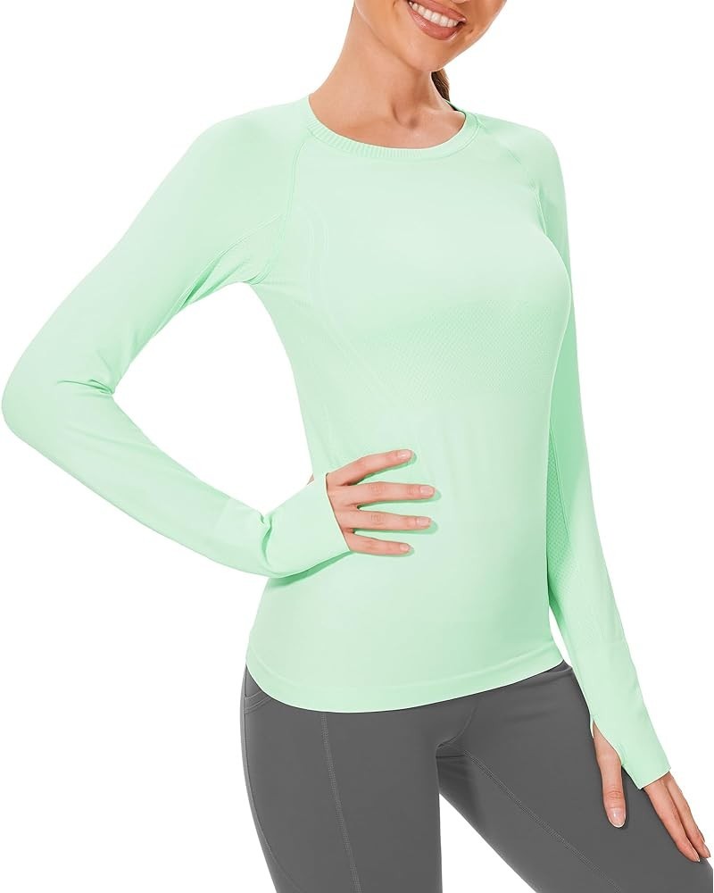 Women Workout Shirts Seamless Long Sleeve Yoga Tops with Thumb Holes for Sports Running Breathable Athletic Slim Fit Mint Gre...