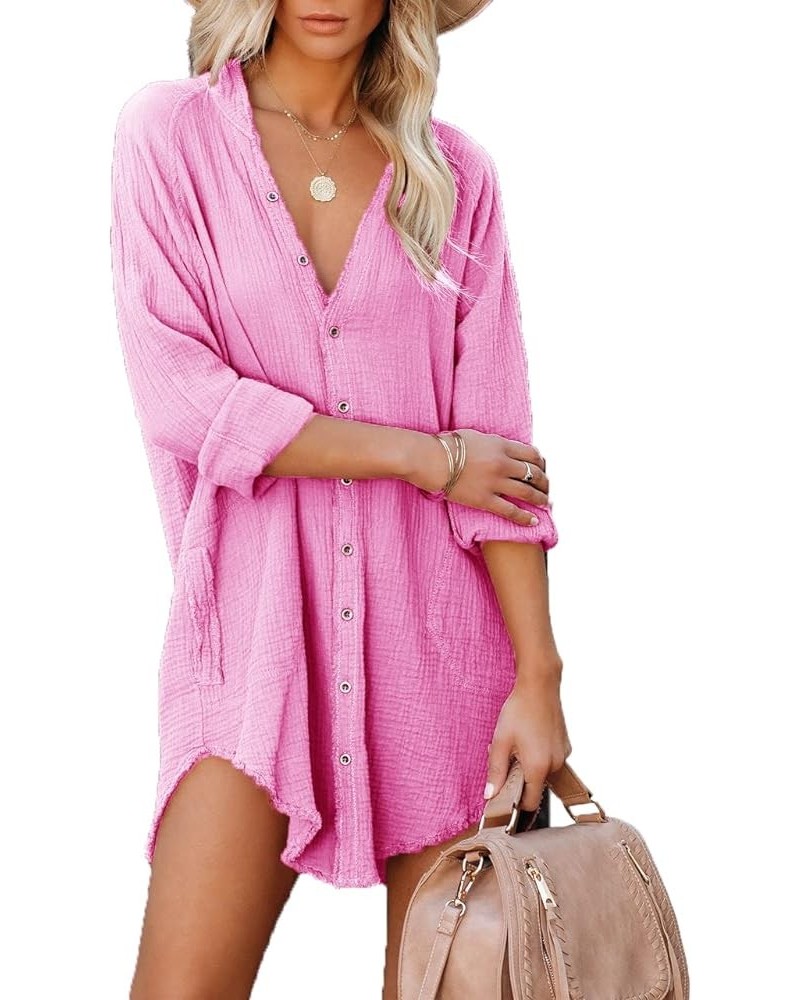 Women's Long Sleeve Cotton Button Down Tunic Dresses Beach Cover-ups Oversized Blouse Tops with Pockets 3_light Rose Pink $20...