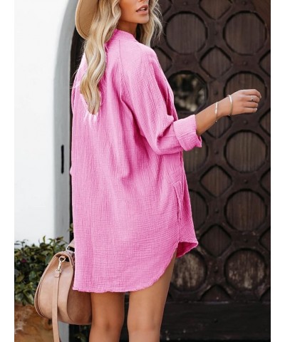 Women's Long Sleeve Cotton Button Down Tunic Dresses Beach Cover-ups Oversized Blouse Tops with Pockets 3_light Rose Pink $20...