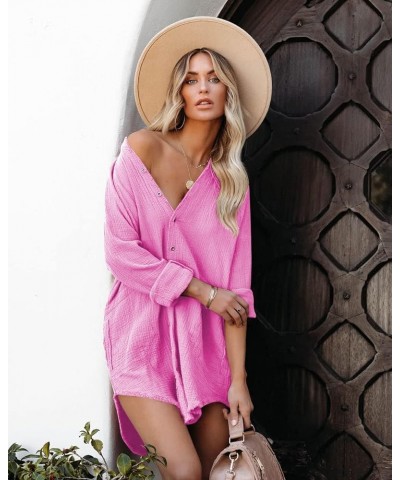 Women's Long Sleeve Cotton Button Down Tunic Dresses Beach Cover-ups Oversized Blouse Tops with Pockets 3_light Rose Pink $20...